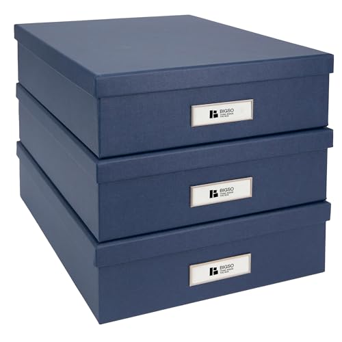 Bigso Box of Sweden Oskar Fiberboard Label Frame Document Letter Box | File Organizer for Important Paperwork | Document Storage with a Lid & Label Window | 3.3"x10.2"x13.8" | 3 Pack | Dark Blue - color: Dark Blue, size: 3 Pack