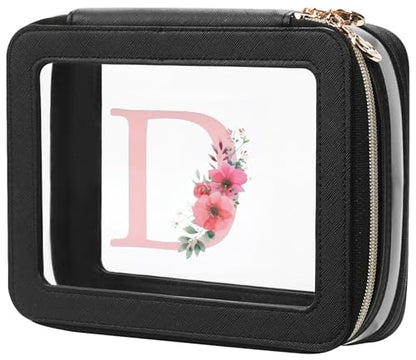Relavel Personalized Initial Clear Makeup Bag, PU Leather Waterproof Travel Toiletry Bag with Zipper, Portable Skincare Pouch Car Organizer Bag, Idea Gifts for Women Girls, Black D - size: Medium, style: D