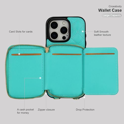 Bocasal Crossbody Wallet Case Card Holder for iPhone 16 Pro, Mint Green | RFID Blocking PU Leather Zipper Handbag Purse, Kickstand Flip Folio Case with Card Slots Holder Wrist Strap Lanyard 6.3 Inch - color: Green