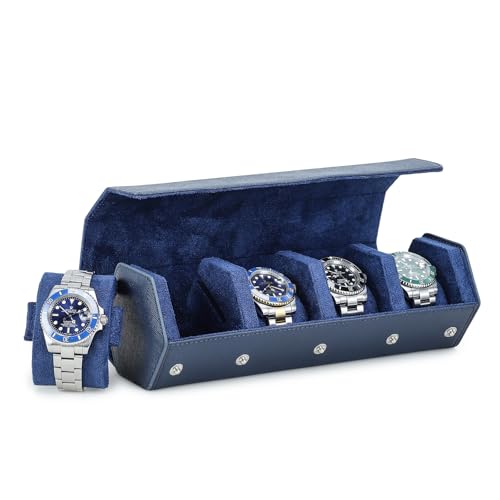 Hiram Genuine Leather Saffiano Leather Watch Roll Travel Case, Leather 4-Watches Roll Case for Treasured Watches and Bracelets(Blue) - color: Blue, size: 4-slots