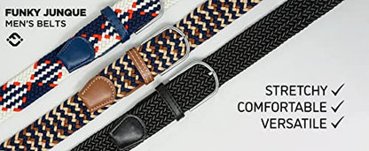 Funky Junque Men's Braided Stretch Belt, Golf Elastic Rope | Braided polyester men's belt with genuine leather end piece for golf, office, hiking, biking & fishing - color: Navy/Brown/Cream Mix, size: Large (Pant Size 33"-36")