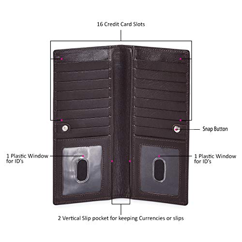 Long Wallet for Men Women Leather Slim Bifold RFID Blocking Card Holder | Real Top Grain Leather, Stylish 18 Credit Card Slots, 2 ID Windows, 2 Currency Sleeves, Gift Box, (Coffee, Nappa) - color: Coffee Nappa