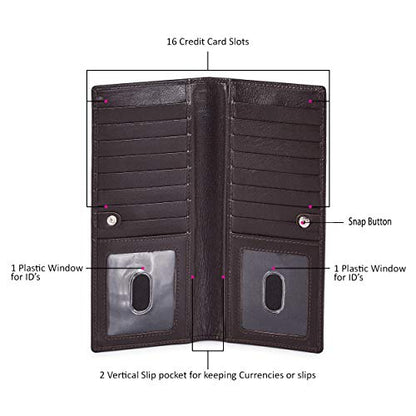 Long Wallet for Men Women Leather Slim Bifold RFID Blocking Card Holder | Real Top Grain Leather, Stylish 18 Credit Card Slots, 2 ID Windows, 2 Currency Sleeves, Gift Box, (Coffee, Nappa) - color: Coffee Nappa