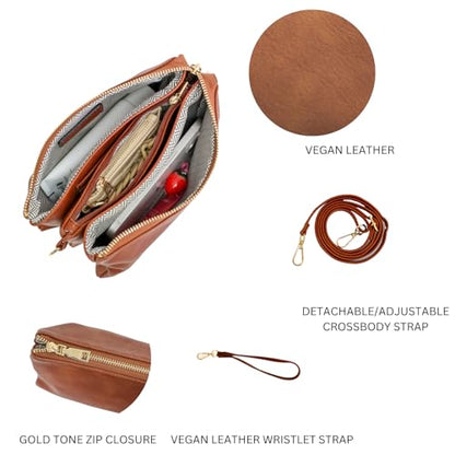 JEN & CO. Riley Small Crossbody Bags Vegan Leather Wristlet Wallets Clutch Purses Shoulder Handbag for Women - color: Lt. Gold