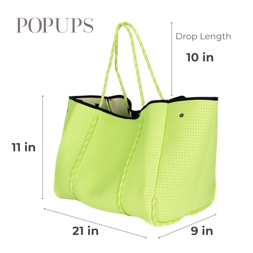 POPUPS Large Neoprene Tote Bag for Women - Everyday Designer Handbag for Travel Work and Beach with Pockets and Zipper Pouch - color: 1neon Green