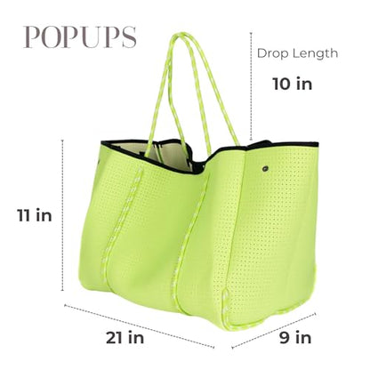 POPUPS Large Neoprene Tote Bag for Women - Everyday Designer Handbag for Travel Work and Beach with Pockets and Zipper Pouch - color: 1neon Green