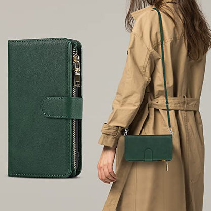 iCoverCase for Samsung Galaxy S23 Wallet Case with Card Holder, Kickstand Feature PU Leather Case with Adjustable Crossbody Lanyard Magnetic Clasp Zipper Pocket Flip Cover (Green) - color: Green, size: Galaxy S23