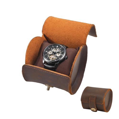 1 Watch Travel Case - Classic Genuine Leather Watch Roll Organizer, Handmade Portable Watch Box for Storage & Display, Luxury Gifts for Men (Brown) - style: 1-pack