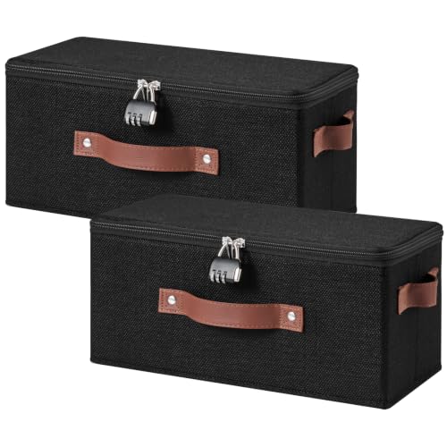 2PCS Lockable Storage Bins Box with Zipper Lid Combination Lock | Cotton Linen Fabric Basket w/ PU Leather Handles, DVD CD Container, Foldable Closet Shelf Organizer, Black, 13"x 6"x 6" - color: Black, size: Small-13"L ( Set of 2 )
