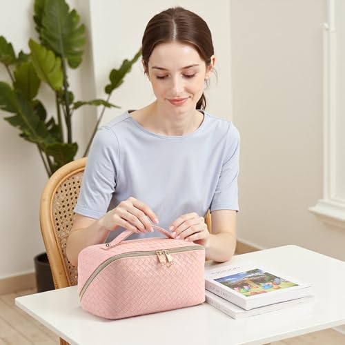 Travel Makeup Bag for Women, Waterproof Vegan Leather Cosmetic Bag, Large Capacity Pouch Open Toiletry Bag with Brush Compartment and Handle - color: B-Green