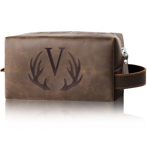 Personalized PU Leather Travel Toiletry Bag for Men Engraved Initial - color: Dark Brown, style: V