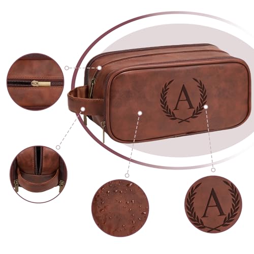 Travel Toiletry Bag For Mens PU Leather Engraved Initials (Red Brown E) | Personalized Gifts For Father Husband Groomsmen Birthday, Waterproof Bathroom Organizer Dopp Kit Bag Beach Travel Essentials - color: Red Brown, style: E