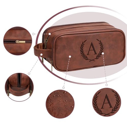 Travel Toiletry Bag For Mens PU Leather Engraved Initials (Red Brown E) | Personalized Gifts For Father Husband Groomsmen Birthday, Waterproof Bathroom Organizer Dopp Kit Bag Beach Travel Essentials - color: Red Brown, style: E