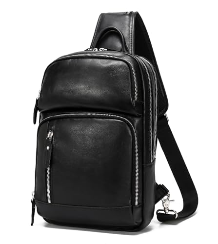 LANNSYNE Full Grain Leather Sling Bag For Men, Crossbody Bag fits 12.9" iPad Crossbody Chest Daypack - color: Black