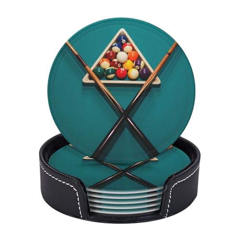 Billiards Leather Drinks Coasters with Holder, Set of 6, Suitable for Various Cups - color: Billiards