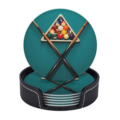 Billiards Leather Drinks Coasters with Holder, Set of 6, Suitable for Various Cups - color: Billiards
