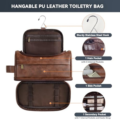 Toiletry Bag for Men,Large Leather Travel Pouch Bag with Hanging hook - color: Dark Brown