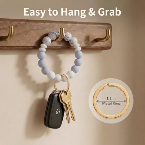 BIHRTC Key Ring Bracelet Car Keychain Holder Wristlet Silicone Women Beaded Bangle Chains - color: Pink Floral