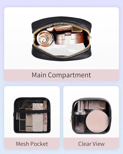 Wandering Nature Clear Makeup Bag for Purse Mini Make up Bag Cute Cosmetic Pouch for Women with Slip-in Pockets Travel Toiletry Essentials Vegan Leather Organizer Pouch,Patent Pending - color: Black