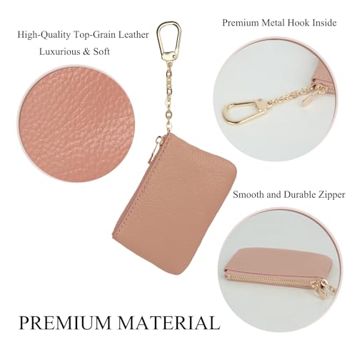Full Grain Leather Coin Purse with Key Chain - Small Change Purse Keychain Card Holder Keychain Pouch Small Keychain Wallet for Women and Men (Pink) - color: Pink, Regular Size