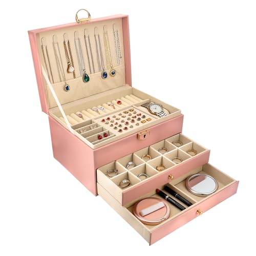 SRTCYDA Jewelry Box for Women, 3-Layer Jewelry Organizers with Lock and Key | Leather Jewelry Organizers and Storage, Dresser Top Jewelry Box for Holds Necklace, Earring, Ring, Bracelet, Watch - color: Pink