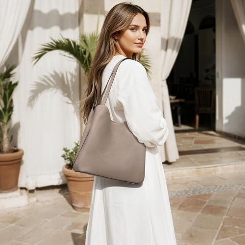S-ZONE Soft Genuine Leather Tote Bag for Women, Shoulder Handbag Purses | Top Grain Pebbled Cowhide Leather, Fits 9.7" Pad, Multi Compartments, Bottom Metal Rivets, for Work Travel Daily - color: Khaki