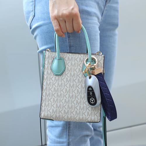 Weixiltc Quilted Leather Wristlet Keychain, D-Ring Car Key Holder | Quilted faux leather & gold hardware. D-ring for car keys + 2 split rings. Hands-free, anti-loss for commute & travel - color: Navy