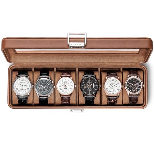 VLANDO Watch Box for Men, 6-Slot Lockable Watch Case with Glass Lid, Brown | Brown textured watch organizer with six soft pillows, clear display lid and lock for a tidy dresser, shelf or office desk - color: A.Brown-6 Slot