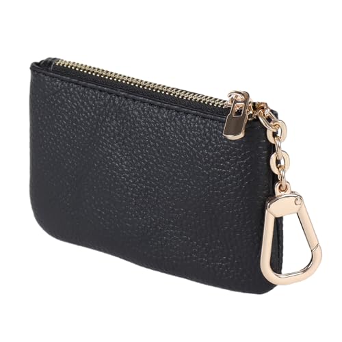 Full Grain Leather Coin Purse With Key Chain - Small Change Purse Card Holder Keychain Pouch Wallet for Women and Men (Black) - color: Black, Regular Size