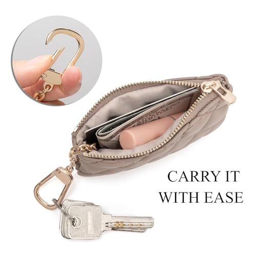 Quilted Faux Leather Coin Purse with Keychain - Small Coin Pouch Key Pouch Small Card Holder Keychain Wallet Change Purse for Women and Men (Khaki) - color: Khaki