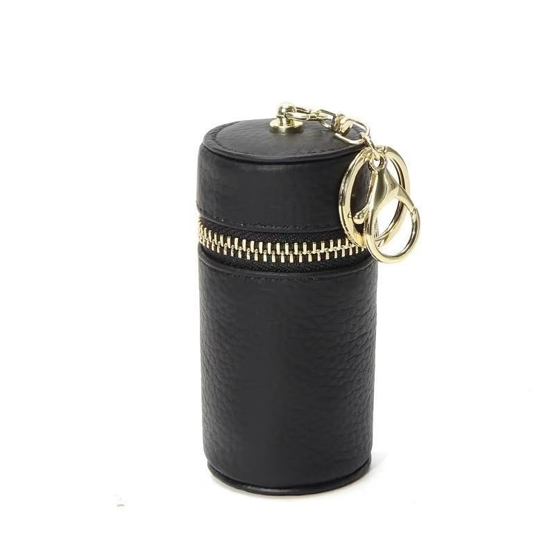 1 PCS Genuine Leather Cylinder Keychain for Women, Black Mini Lipstick Pouch & Car Key Holder, Fashionable Small Wallet for Coins, Chic Purse Accessory Gift