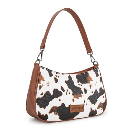 Wrangler Shoulder Bag for Women Western Small Purse Hobo Handbag | Aztec, Underarm Bag, 2 Detachable Straps, Secure Zipper Closure, Back Pocket, Crossbody Bag for dates, travel and everyday - color: Cow Print-brown