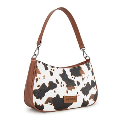 Wrangler Shoulder Bag for Women Western Small Purse Hobo Handbag | Aztec, Underarm Bag, 2 Detachable Straps, Secure Zipper Closure, Back Pocket, Crossbody Bag for dates, travel and everyday - color: Cow Print-brown