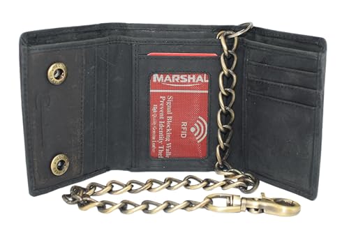 MARSHAL Genuine Leather Marijuana Leaf Chain Wallet for Men – Trifold Biker Wallet with RFID Blocking, ID Window & Heavy-Duty Chain (Marijuana Black) - color: Marijuana Black