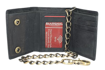 MARSHAL Genuine Leather Marijuana Leaf Chain Wallet for Men – Trifold Biker Wallet with RFID Blocking, ID Window & Heavy-Duty Chain (Marijuana Black) - color: Marijuana Black