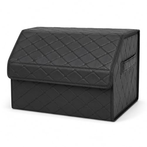 2Pack Leather Trunk Organizer for SUV & Sedans - Extra Large Foldable Car Storage Box with Lid, Adjustable Removable Dividers and Carry Handle, Collapsible Auto Cargo Organizer Black