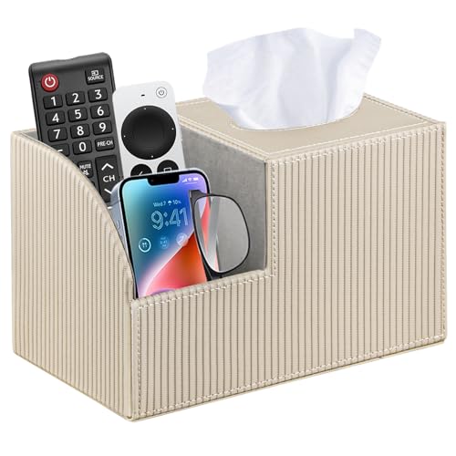 PU Leather Square Tissue Box Cover - Multi-Functional Tissue Box Holder | Tissue Box Cover with Storage,Tissue and Remote Control Holder,Cube Tissue Box Organizer Bedroom Nightstand End Table - color: Apricot