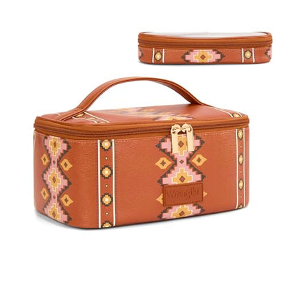 Wrangler Travel Makeup Bag 2pcs Set Cosmetic Bag with Makeup Brush Holder | Portable Make Up Organizer,Large Toiletry Bag with Divider and Handle for Women - color: Aztec-Brown