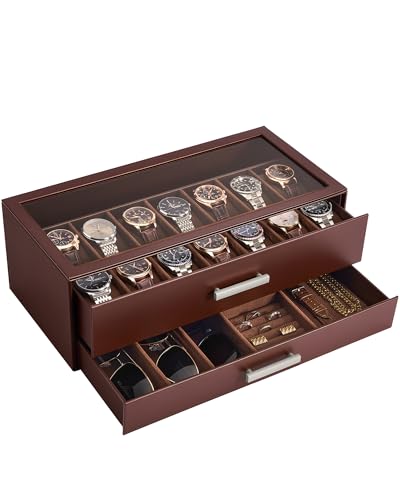 ProCase 14-Slot Watch Case for Men, 2-Tier Pull-Out Drawers Box -Espresso | Fathers Day Gift for Dad Men with Display Clear Top Lid, Jewelry Sunglasses Storage Organizer, Anniversary Birthday Gifts - color: Espresso, size: 14-Slot