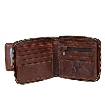 Zipper Wallet Men RFID Blocking Leather Bifold Wallets For Men - Flap ID Window Zip Coin Pocket Mens Zipper Wallets - Big Capacity Credit Card Travel Wallet (Brown) - color: Brown