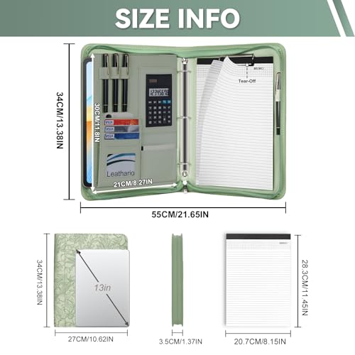 Leathario Portfolio Binder, Includes 5 Sheet Protectors and a Pen, 13 Inch Tablets Organizer, Vegan Leather A4 Padfolio, Multi-Pocket Notepad Business Planner Professional Document - color: Relief Green
