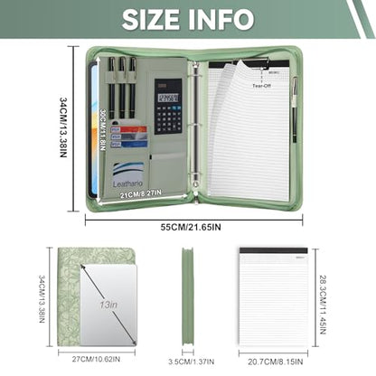 Leathario Portfolio Binder, Includes 5 Sheet Protectors and a Pen, 13 Inch Tablets Organizer, Vegan Leather A4 Padfolio, Multi-Pocket Notepad Business Planner Professional Document - color: Relief Green