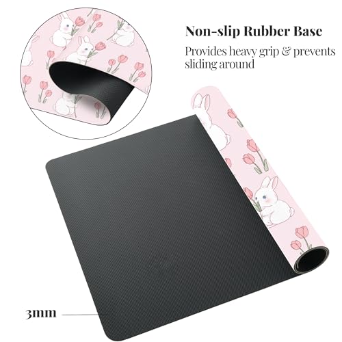 Pink Bunny Tulip Desk Mat, Cute Extended Gaming Keyboard Mouse Pad, Large Office Desk Cover Mat Pad Deskmat, Non-Slip Leather Home Office Desk Mat Protector 31.5"×15.7" - color: Pink Bunny, size: 31.5" x 15.7"