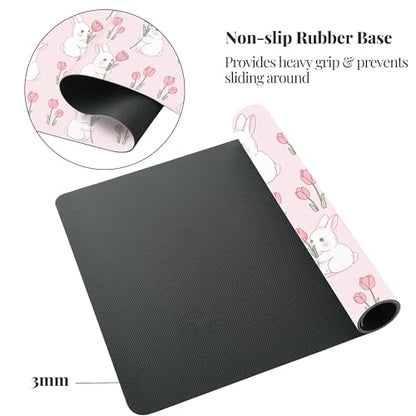 Pink Bunny Tulip Desk Mat, Cute Extended Gaming Keyboard Mouse Pad, Large Office Desk Cover Mat Pad Deskmat, Non-Slip Leather Home Office Desk Mat Protector 31.5"×15.7" - color: Pink Bunny, size: 31.5" x 15.7"