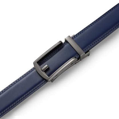 Founders & C Mens Ratchet Belt Leather Click 1 1/4" with Slide Buckle, Casual Dress Belt Adjustable - color: Gun/Blue, size: 28" to 34" Waist Adjustable