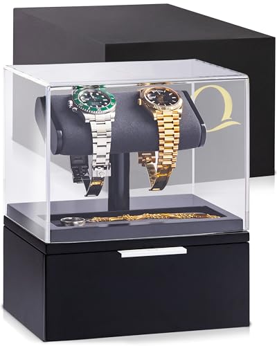 QWATCH Watch Stand Display Case - Acrylic Watch Box for 2 or 4 Watches with Jewelry Valet Tray and Drawer - color: Single - Black / Charcoal