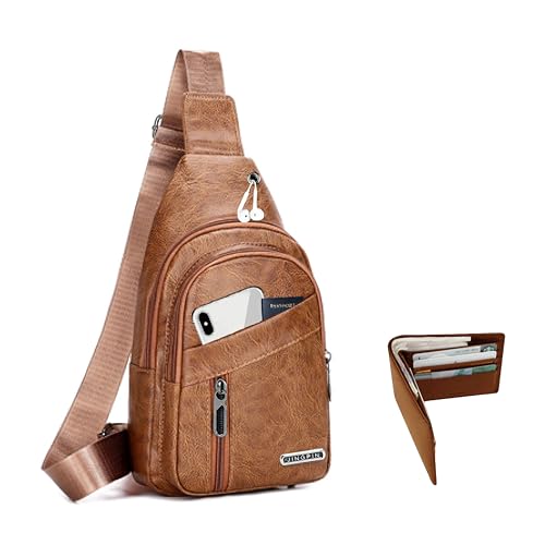 Sling Bag Set, PU Leather Sling Bag, Multi-Zipper Design for Travel, Outdoors, Valentine’s Day Gifts - color: Light Brown