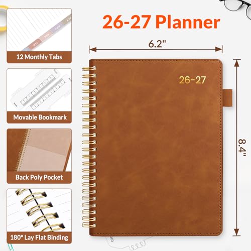 SUNEE 2026-2027 Weekly & Monthly Planner 6.4"x8.5" - 12 Month (July 2026 - June 2027), Vegan Leather Cover Planner Academic Year Calendar, Pocket, Notes, Monthly Tab, Brown - color: Brown