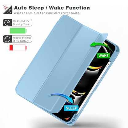 iPad Pro 11 Inch Case (M5) 2025/ (M4) 2024 (Model: A2836/A2837/A3006), Trifold Stand Smart Cover with Pencil Holder and Soft TPU Back, Auto Wake/Sleep (New Azure Blue) - color: New Azure Blue
