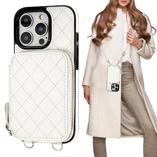 Bocasal Crossbody Wallet Case Card Holder for iPhone 16 Pro, White | RFID Blocking PU Leather Zipper Handbag Purse, Kickstand Flip Folio Case with Card Slots Holder Wrist Strap Lanyard 6.3 Inch - color: White